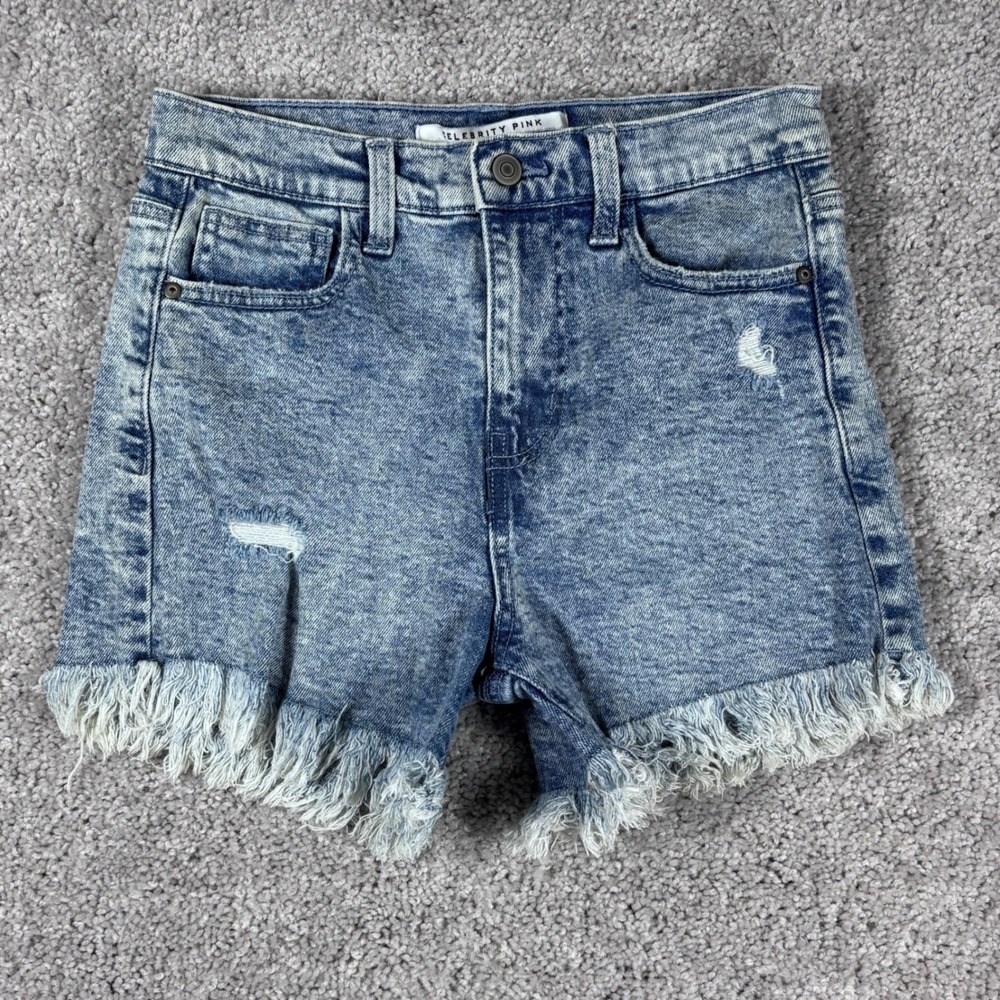 Celebrity Pink Acid Wash Blue Denim Shorts Frayed Hem Distressed Juniors Sz 1/25